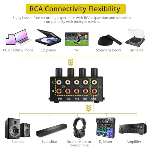 Image of PROZOR 4-Channel Stereo Audio Mixer, RCA Input with Independent Volume Controls, Metal Housing, Ultra Low Noise, for TV /PC Mixing, Home Studios, DJ Performances - No Power Required, Plug and Play