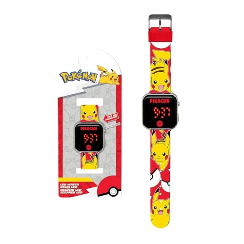 Pokémon Montre Numérique LED, Montre pour Enfants avec Bracelet Ajustable, Affichage de L'heure et de la Date, Cadeau pour Garçons (Rouge)