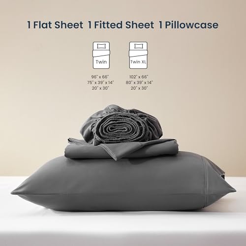 SLEEP ZONE Nanotex Super Soft Cooling Twin Bed Sheets Set for Kids 3 Piece - Easy Care Fitted Flat Sheet & Pillowcase Sets - Wrinkle Free, Fade Resistant, Deep Pocket 16" (Gray, Twin)