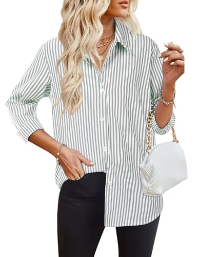 HOTOUCH Striped Button Down Shirts for Women Collared Long Sleeve Shirts Casual Spring Office Work Blouses Top Green White L