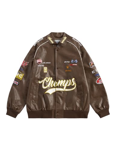 Aelfric Eden Faux Leather Jacket Oversized Racing Motorcycle Jackets Moto Coats Unisex Trendy Streetwear Jacket Dark Brown XS