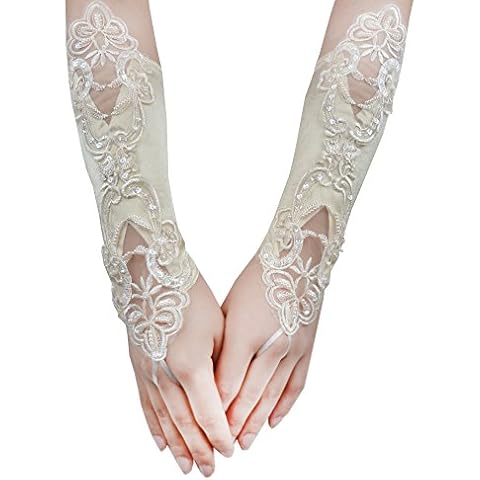JISEN Women Banquet Party Fingerless Elegant Lace Embroidered Bridal Gloves 11 Inch Champagne Cover