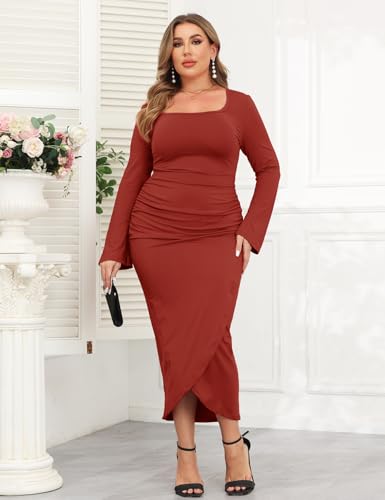 Image of ZOMVA 2024 Plus Size Cocktail Dress Comfortable Bell Sleeves Wedding Guest Square Neck Semi Formal