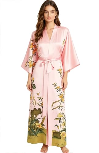 Image of Women's Classic 100% Silk Kimono Robe, Bathrobe-Printed Pattern