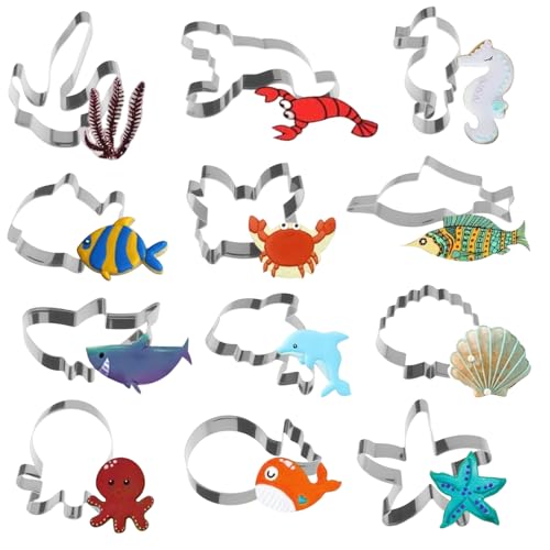 12 peças de aço inoxidável marinho animal de bolacha molde, formas bolachas em forma de animais do oceano, para pão, bolo, legumes, bolachas para fondant, assar, decoração de bolos