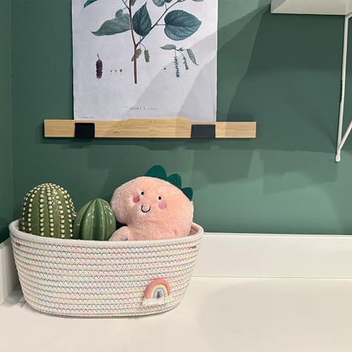 Image of SHIANCE&LI Small Woven Rainbow Basket with Gift Bags and Ribbons, Cute Empty Gift Decorative Basket For Baby Storage Nursery, Cotton Rope Basket with Handles,12 inchx 8 inch x 5 inch (Rainbow)