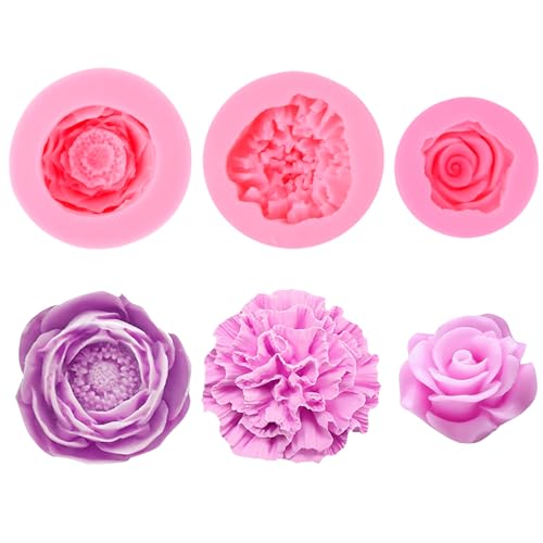 3 Stück 3D Silikonform Blumen, Kerzenform Silikon, 3D Rosen Kerzen Gießen Formen, DIY Rosen Nelke Mohn Silikonformen für Schokolade, Gelee, Kunsthandwerk Dekorationen