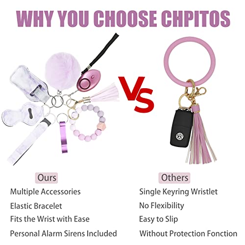Chpitos Safety Keychain Full Set For Women, 9Pcs Portable Wristlet Key Chain With Personal Alarm For Kids Silicone Car Key Ring Bracelet Keychain #TOP3