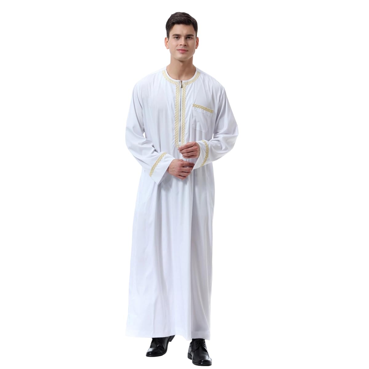 Mens Printed Zip Crew Neck Thobe Middle East Islamic Arabic Kaftan Dishdasha For Daily Wear