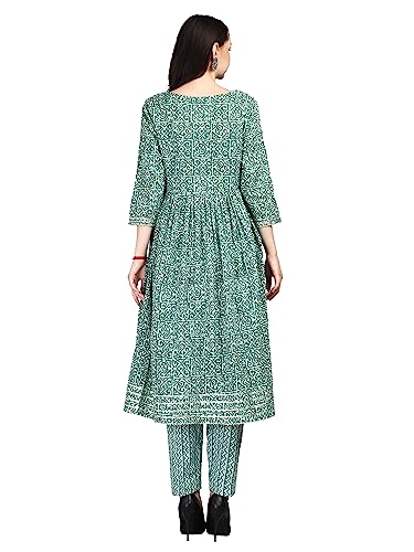 Image of Women's Green 100% Pure Cotton Flared Kurta Pant Set With Big Size Dupatta