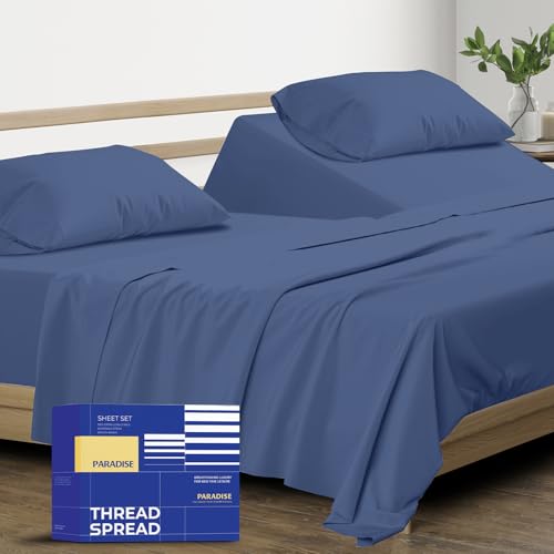 Image of THREAD SPREAD Split King Sheet Set, Luxury 1000 Series Paradise Collection 100% Egyptian Cotton Split King Sheets Sets for Adjustable Bed (5 PC, Deep Blue), Soft, 16 inch Deep Pocket Hotel Sheets