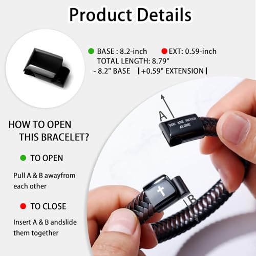 Leather Bracelet for Men Dad Husband Boyfriend Son Grandson Gift, Braided Black Leather Bracelet with Stainless Steel Engraved Joshua Scripture You are Never Alone Jewelry4