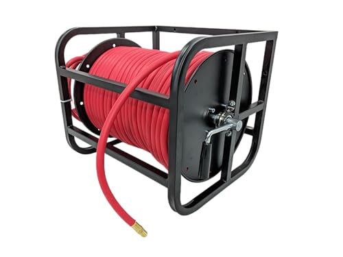 Image of Dolphy Steel Floor Mounted Air Hose Reel with 3 /8 in. x 90 Meter (295 FT) Rubber Hose-300 PSI(Black & Red)
