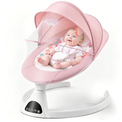 Soobaby Baby Swing for Infants,Electric Swing for Babies,Portable Swing for Baby Boy Girl,Remote Control Indoor Baby Rocker with 5 Sway Speeds,Music and Bluetooth,Dark Pink