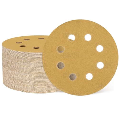 QUARKZMAN 50 Pcs 125 mm 5 Inch Discos De Lijado 8 Agujeros 240 Grit Lija De Gancho Y Bucle Almohadillas Para Lijadora Orbital Aleatoria Para Carpintería Automotriz Metal, Dorado