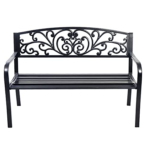 RELAX4LIFE Banc de Jardin Extérieur pour 2-3 Personnes, Banc de Jardin Fer Forgé Résistant avec Dossier Incliné, Accoudoirs Arrondis, Pieds Robustes, pour Terrasse Parc Pelouse, Noir