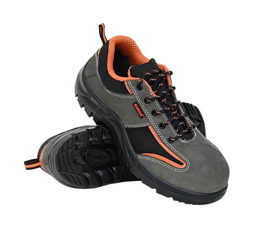 Image of Karam FS69 Grey and Black Suede Leather Safety Shoes for Men |Single Density with Steel Toe | Antistatic, Antislip, Oil & Heat Resistant