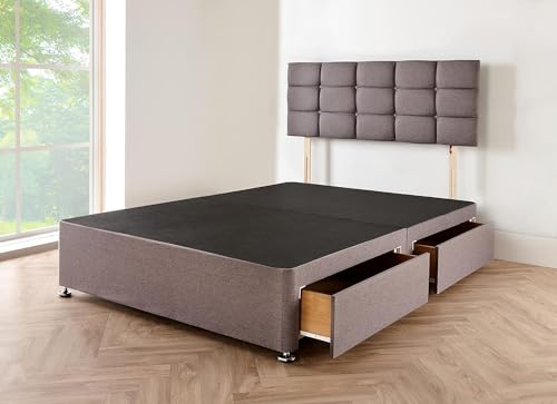Divan Beds Deals | Grey Chenille Divan Bed Frame with 20” Cube Headboard | 4FT6” Double Bed Frame with 2 Spacious Storage Drawers for Extra Space