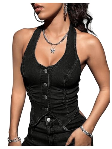 SHENHE Women's Button Up Backless Halter Denim Vest Ruched Fitted Sleeveless Crop Jean Vest
