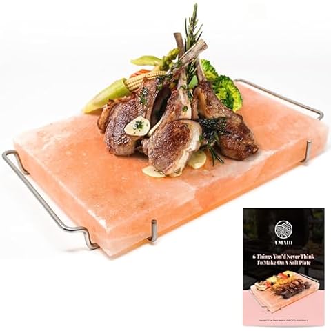 UMAID Himalayan Salt Block For Grilling, Cooking, Cutting and Serving,12X8X1.5 Food Grade Himalayan Pink Salt Stone on Stainless Steel Plate & Recipe Booklet, Unique Gifts for Men, Women, Chef, Cooks Cover