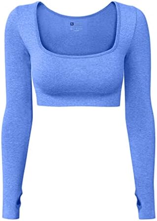 HYZ Women's Sports Yoga Gym Stretch Bodycon Crop Top Compression Workout Athletic Long Sleeve Shirt Blue