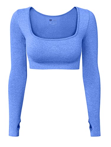 Hyz Women's Sports Yoga Gym Stretch Bodycon Crop Top Compression Workout Athletic Long Sleeve Shirt Blue #TOP9