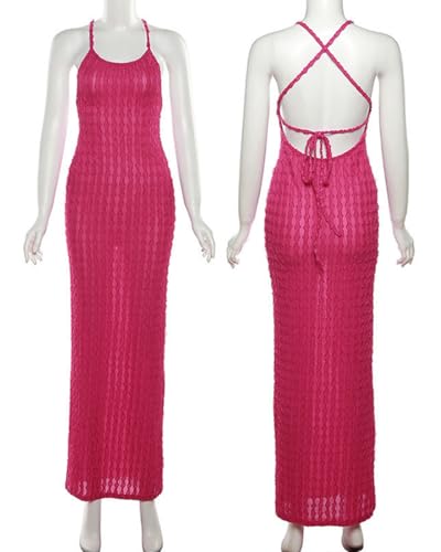 Image of RARITYUS Women's Lace Up Bodycon Maxi Dress Sexy Low Cut Backless Sleeveless Textured Long Party Club Dresses