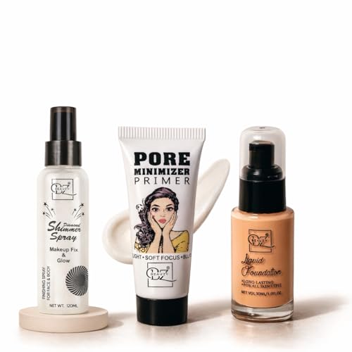 Beauzy Makeup Combo – Pore Minimiser Primer 30ml + Liquid Foundation 30ml + Diamond Shimmer Spray 120ml | Smooth Base, Long-Lasting Coverage & Instant Glow | Face Makeup Set for All Skin Types