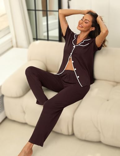 Image of HNG Women Pajamas Set 2 Piece Button Up Pajamas Pant and Short Sleeve Shirt for Woman Pj Sets with Pocket