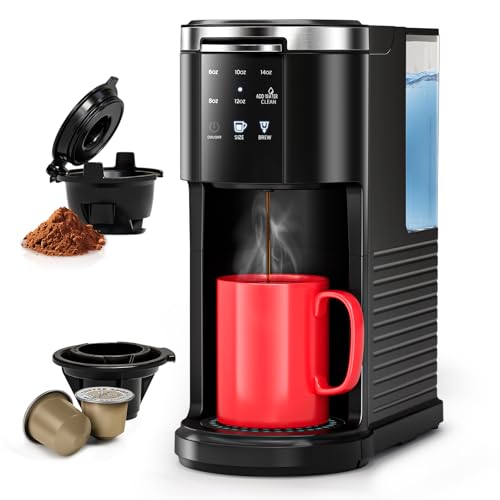 WAA Single Serve Coffee Maker, 2 in 1 Coffee Machine for Capsule & Ground Coffee, 6 to 14oz Brew Size, 40oz Removable Reservoir, Coffee Brewer with Auto Shut-off, Self-Cleaning, Memory Function, Black