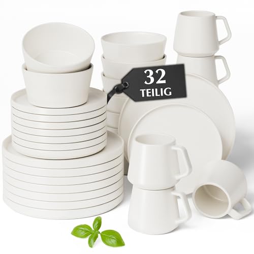 MIAMIO – Geschirrset 8 Personen / 32-teiliges Steingut Geschirrset...