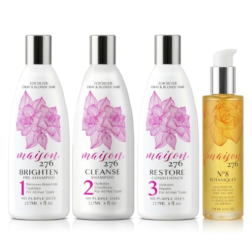 Maison 276 3-Step System for Grey and Silver Hair + No. 8 Botaniques Dry Oil – Brightens Grey, Silver &amp; White Hair Without Purple Dyes, Addresses Yellowing &amp; Brassiness, Hydration, Softness &amp; Shine