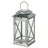 Decorative Metal Candle Lantern – Galvanized Steel with Glass Panels – Farmhouse Style Lantern with Cross Pattern – Indoor Outdoor Use for Home, Patio, Garden, or Events, 6 x 5.5 x 11 Inch