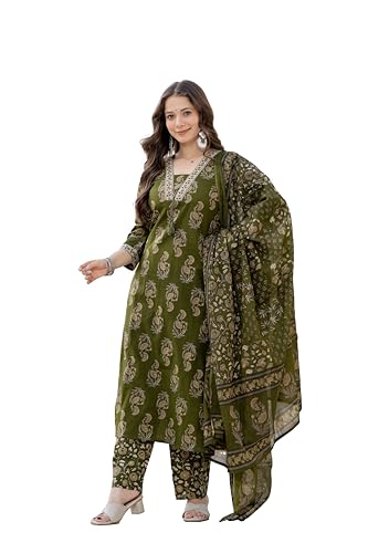 Image of PARTHVI Women's Cotton Printed Kurta Set with Pants & Dupatta | Elegant Ethnic Wear for Women | Floral Print | Comfortable Suit Set