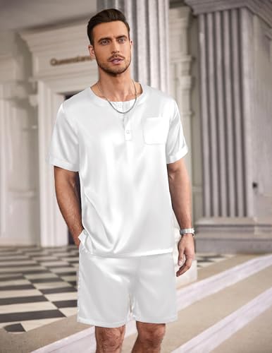 Image of Ekouaer Mens Pajamas Set Silk Satin Pjs Sets Summer Short Sleeve Button Down Sleepwear 2 Piece Loungewear with Pockets