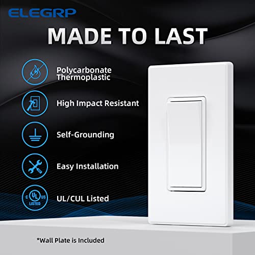 image for ELEGRP Matte White Single Pole Decora Light Switch with Plate 15Amp, 1