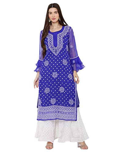 Image of FAWOMENT Women's Designer Georgette Straight Kurta with Hand Crafted Lucknowi Chikankari Embroiderey Emblemished Moti Work Along