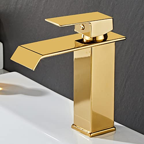Mitigeur de salle de bain cascade doré en inox avec poignée unique eau chaude froide