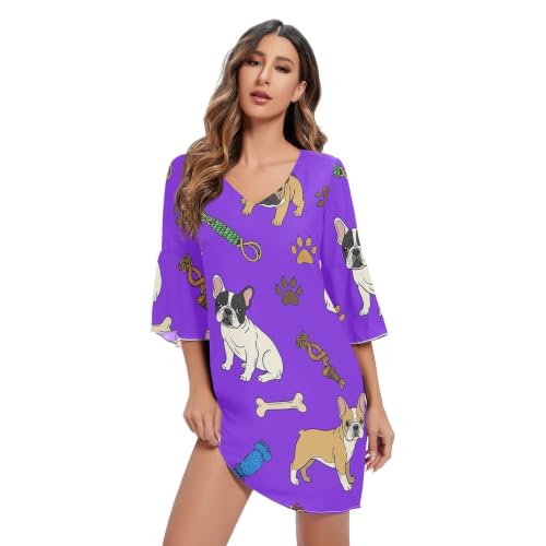 Robe d'été courte violette pour femme tendance vêtement fluide manches 3/4