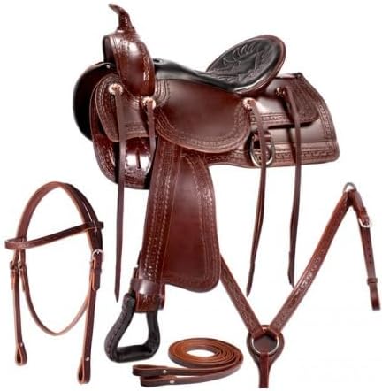 D&L Saddlery Leather Western Endurance Trail Horse Saddle Handmade Comfort with Horn Equestrian Horseback Riding Tack, Matching Headstall,Breast Collar,Reins Size:14"-18" inches Seat, M15