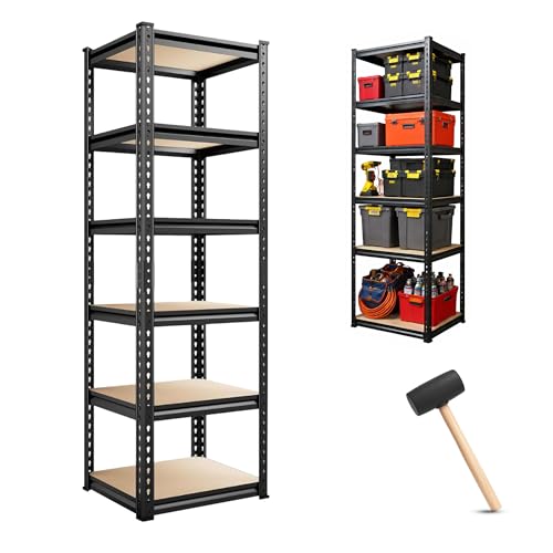 Image of Robustt 6-Tier Multipurpose Storage Rack | Bolt-Free Assembly | Metal Stand With Thick MDF Board | 175kg Capacity Per Shelf | 72x16x16 Inch Adjustable Shelf Rack for Home, Garage & Shop | Black
