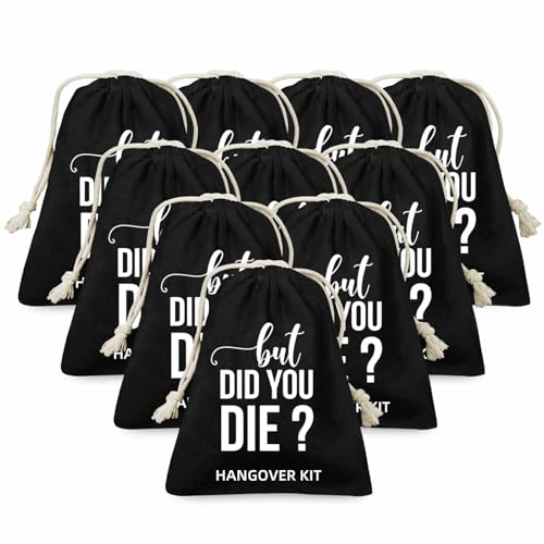 XIKAINUO Set of 10 Funny Cotton Muslin Drawstring kit Black Bags - But Did You Die, Bachelorette Hangover Survival Kit Engagement Wedding Party Bridal Shower Recovery Kit Gifts