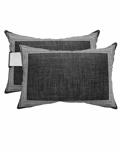 Outdoor Pillows for Chaise Lounge Chair Set of 2 Greece Key Design Black White Waterproof Lumbar Pillows with Insert for Beach Chair,Patio Office,Pool Recliner,Vintage Burlap Linen 12x20IN