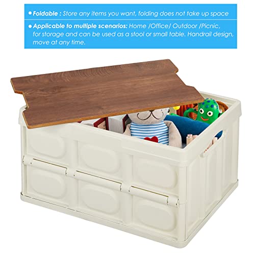 Folding Storage Bin With Lid 30L Storage Box Container Stackable Shelf Baskets Cloth Closet Car Organizers Outdoor Picnic Transport Box Toy Clothes Books Holder Plastic Collapsible Tote Crate - White #TOP1