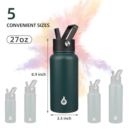 Image of BJPKPK Insulated Water Bottles with Straw Lid, 27oz Stainless Steel Water Bottle with 3 Lids, Leak Proof BPA Free Metal Thermo, Mugs, Tumblers, Keep Cold Hot -Army Green
