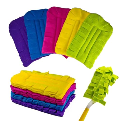 5 PCS Reusable Fleece Duster Refills with 1 Handle Washable Heavy Duty Duster Pads 360 Electrostatic Cleaning Pads for Fan Blinds Furniture Window Floor Car and Pet Hair (5)