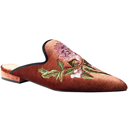 Image of Fericzot Women's Velvet Backless Pointed Toe Slip On Loafers Flats Embroidery Mule Slippers Shoes