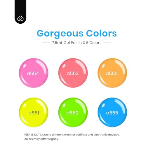 Image of Beetles Neon Gel Nail Polish, Neon Lights, 6 Colors Gel Polish Set | Pink Orange Coral Blue Yellow Green Shades, Soak-Off UV LED, Long-Lasting Nails Art for Salon, Home DIY & Holiday Manicures