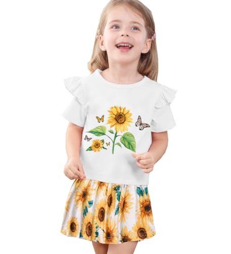 Image of Akyzic Little Girl Skirt Outfit Two Piece Spring Summer Outfit Butterfly Dress Cat Print Skirt Toddler Girl Outfit Set