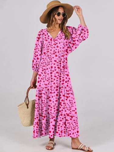 Image of ANRABESS Womens Boho Floral 3 /4 Puff Sleeve Maxi Dress | Tiered Flowy Loose Fit, Comfy Soft Rayon Fabric, Wedding Guest Church Beach, Modest Elegant, Spring Summer Fall Outfits